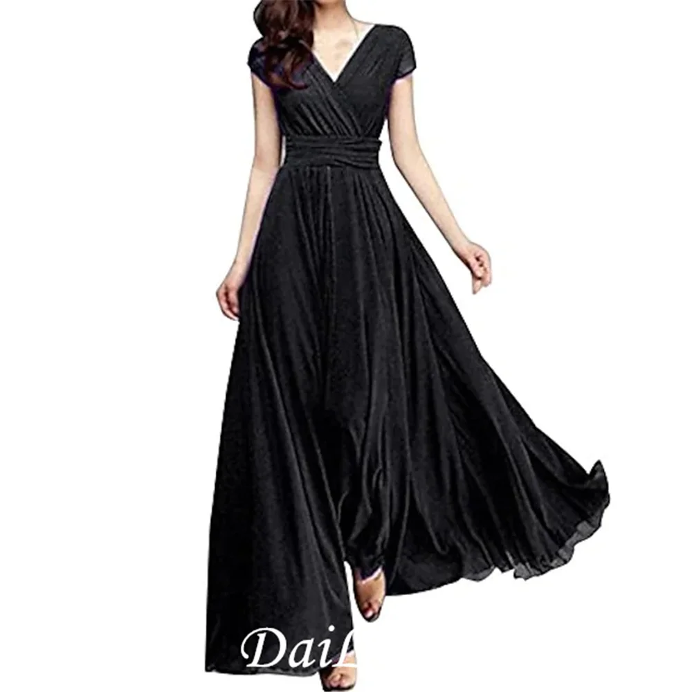 

A-Line Empire Minimalist Wedding Guest Engagement Dress V Neck Short Sleeve Floor Length Chiffon with Pure Color