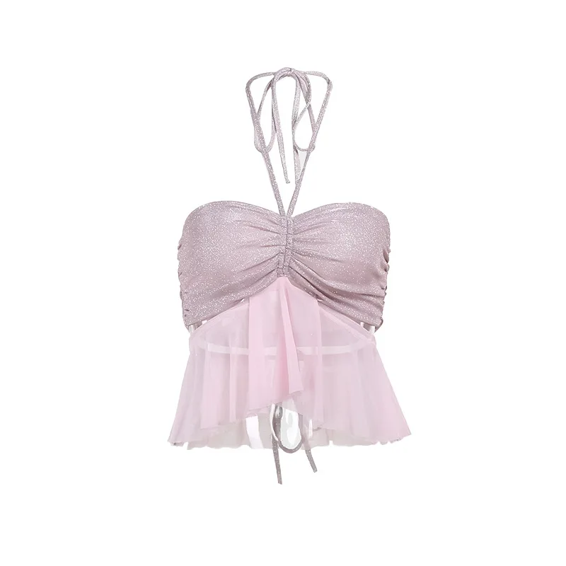 섹시한 목 매달려 탑 여름 2025 여성을위한 새로운 귀여운 탑 빈티지 의류 핑크 스타일