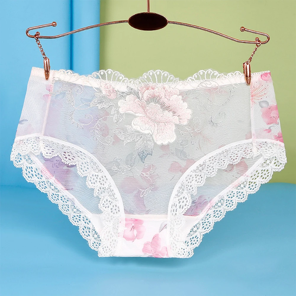 New Oversized  Women Sexy Lace See Through Seamless Underwear Comfortable Briefs Panties Flower Embroidery Soft Ladies Briefs