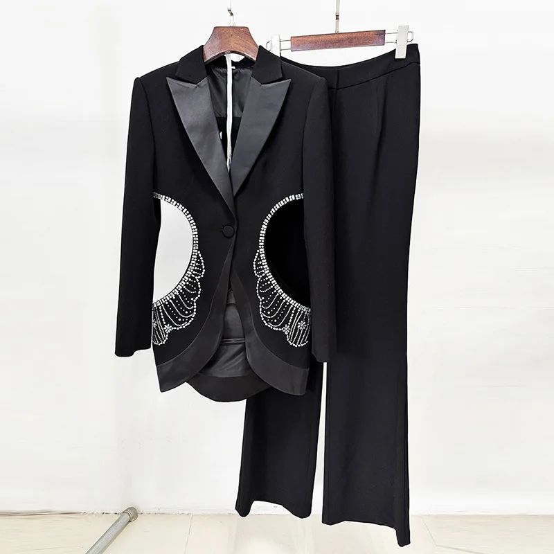 ALTA QUALITÀ Il più nuovo 2024 Designer Suit Donna Perline Diamanti Scava Fuori Bottone Singolo Giacca Pantaloni Set 2 PZ