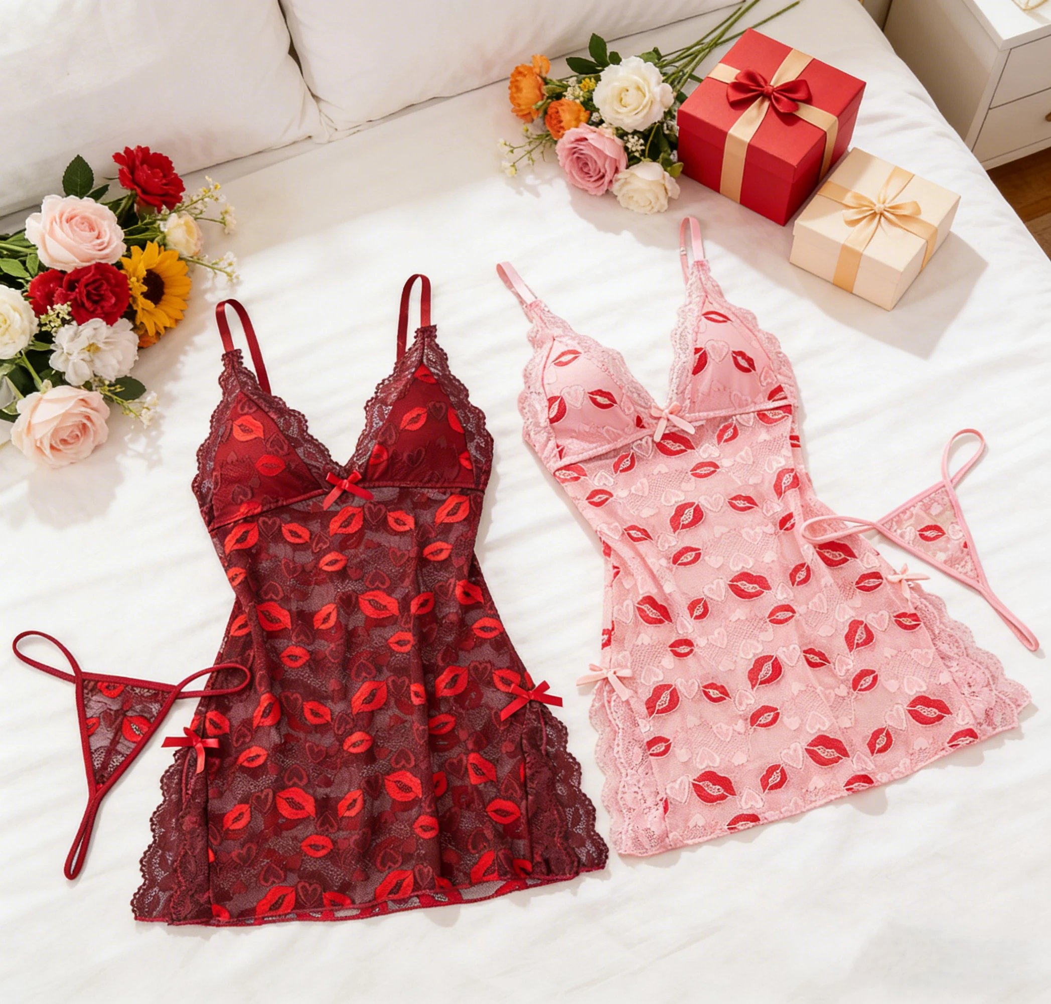 Fashion Sexy Women Lingerie Nightgown Casual Sleepwear Nightdress Camisola Vestidos Femininos Nightie Clothing Red Lip Side Slit
