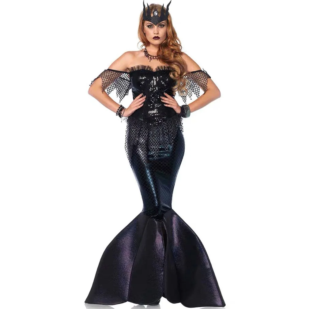 1set/lot woman mermaid cosplay costumes lady sexy black off shoulder dress