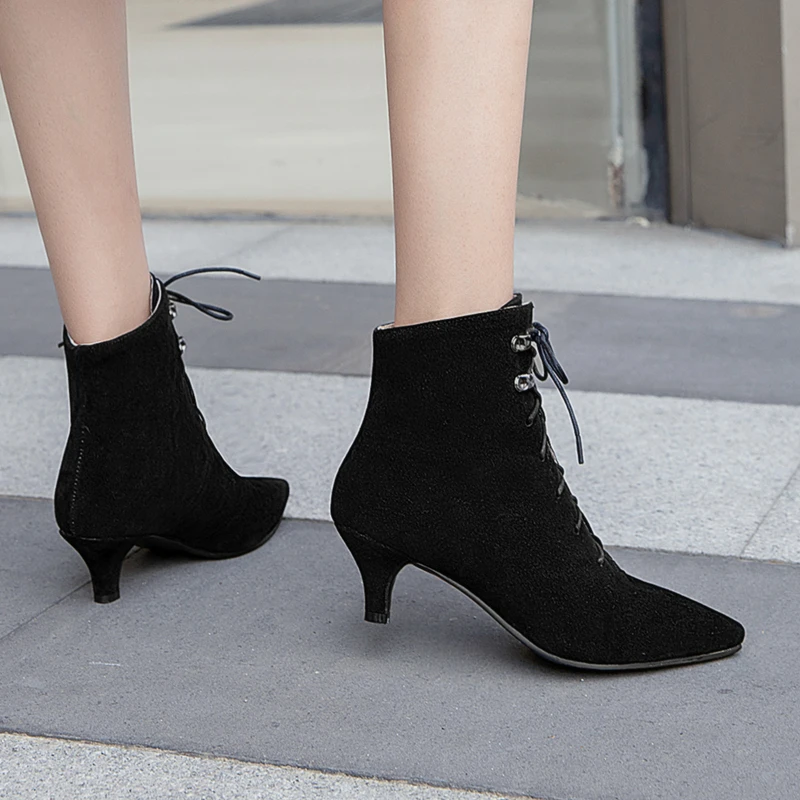 Fashion Lace Up Ankle Boots For Women Casual Low Heels Pointed Toe Beige Gray Women\'s Ankle Boots Short Shoes Lady Large Size 48