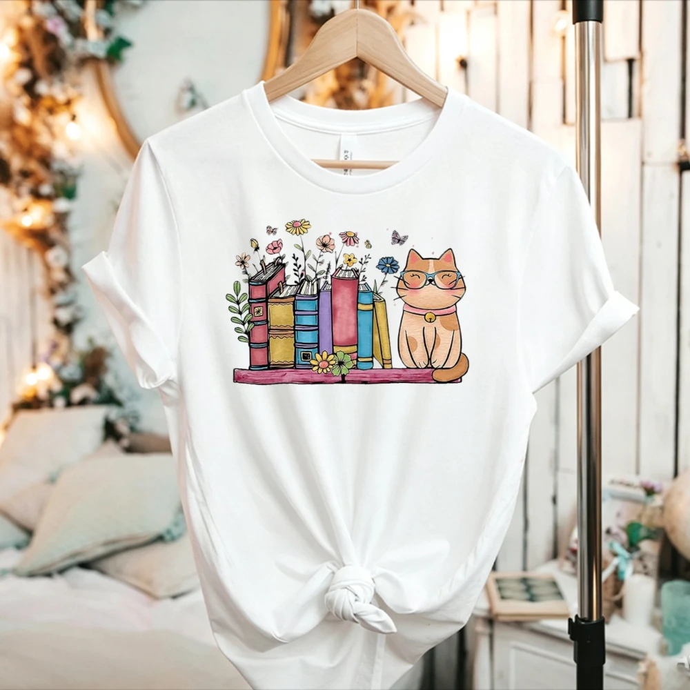 Book Lover Cat with Glasses Floral Bookshelf Graphic T Shirt Reading Cat Flower Butterfly Casual Bookworm Reader Cotton Tee Tops