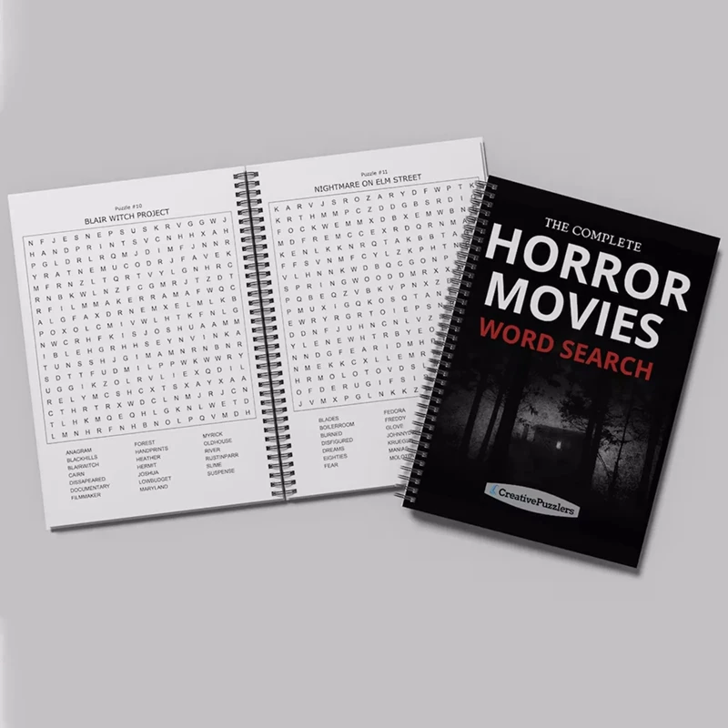 Películas de terror búsqueda de palabras: libro de rompecabezas de películas de terror, libro temático de terror para fanáticos de películas de terror