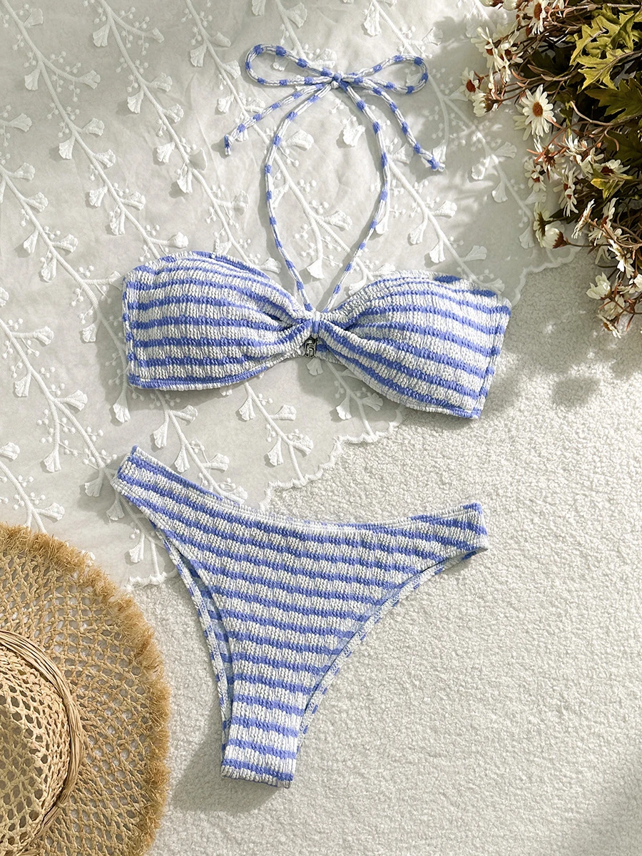 Sexy Bikini 2025 Striped Print Swimsuit Women Swimwear Female Bandeau Halter Bikinis Sets 2024 Two-piece Bathing Suit Beach Wear