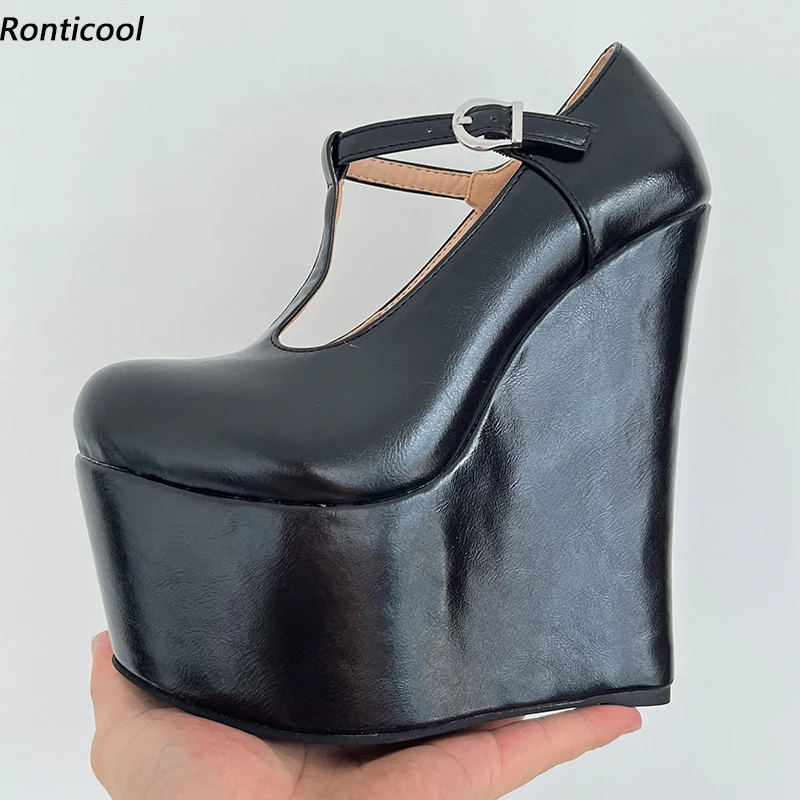 

Ronticool Real Photos Women Pumps Ankle Strap Sexy Wedges Heels Round Toe Classics Black Party Shoes Ladies US Plus Size 5-15
