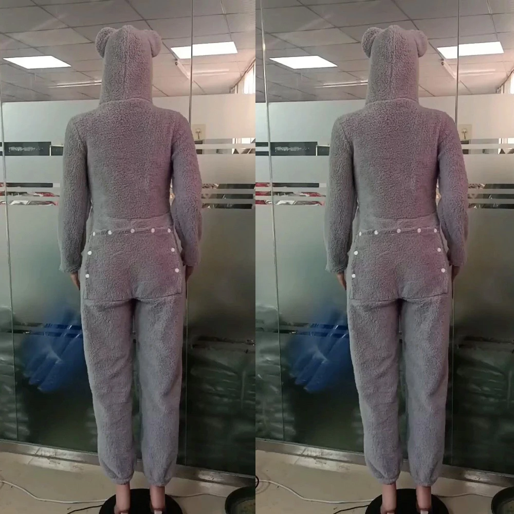 Abbigliamento invernale da donna Pigiama spesso e sfocato Pagliaccetti interi con patta sul sedere Tute casual da casa con cappuccio a maniche lunghe