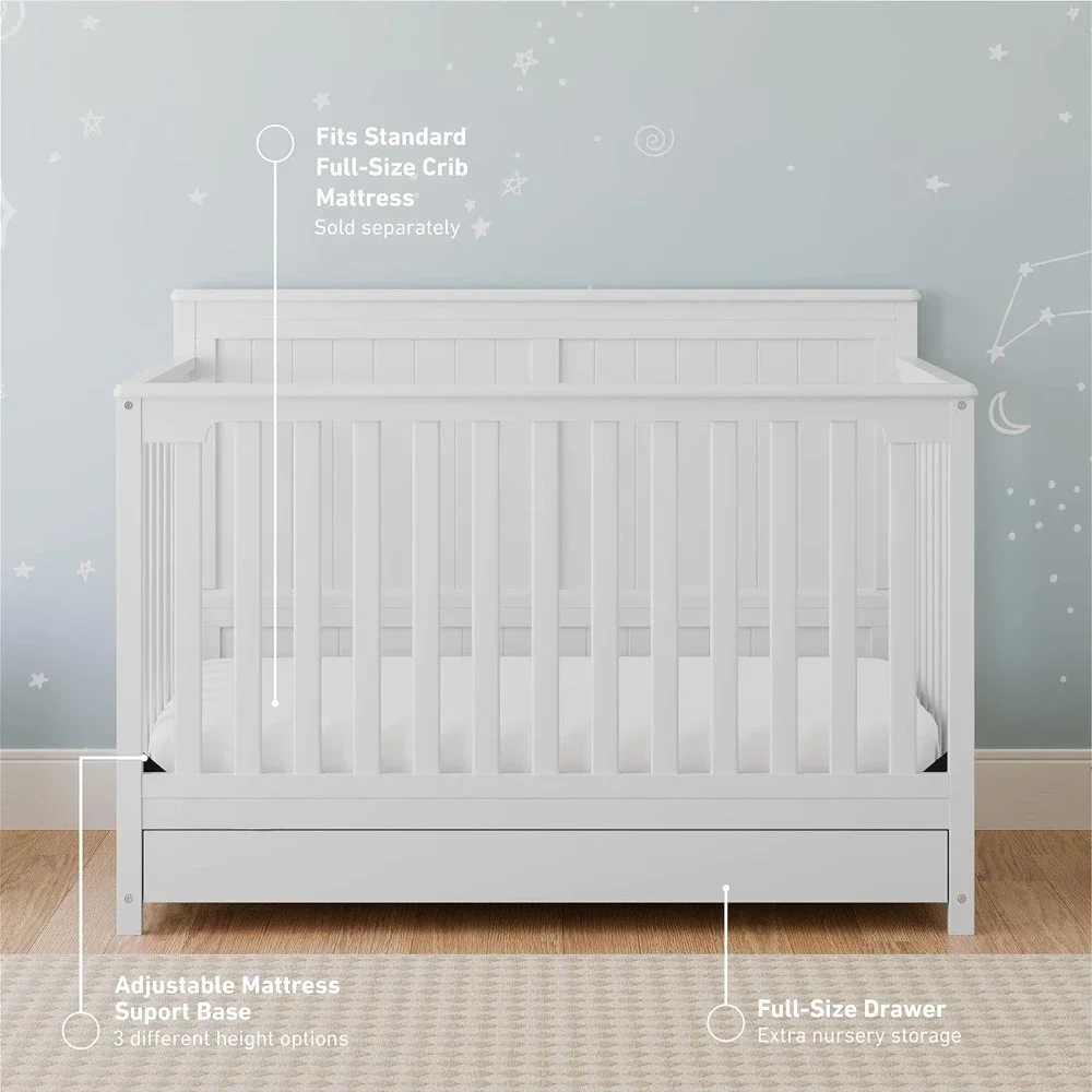 Cuna Convertible 5 en 1 con cajón, Combo de cajón, cajón de almacenamiento de guardería de tamaño completo, se convierte en cama para niños pequeños, cama de día