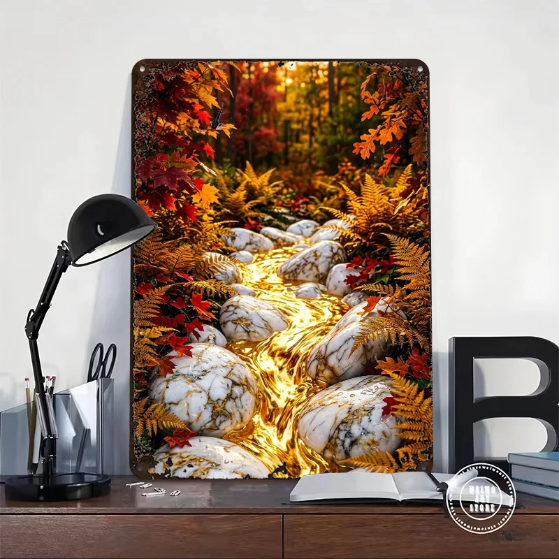 Golden Stream in Autumn Forest Poster Customized Vintage Metal Signs Wall Art Retro Tin Plaque for Decoration Room House Decor