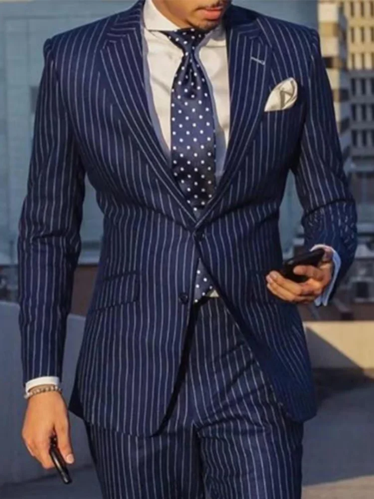 Mens British Style Pinstripe Blazer Notch Lapel Single Breasted Slim Fit Formal Business Suit Jacket Men Outerwear