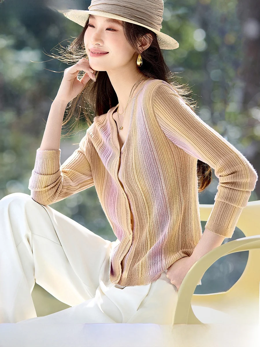 

Mehema Soft adient Color Wool Blend Women's Knitted Cardigan Spring New Sle Slimming Contrast Color All-Match Long Sve