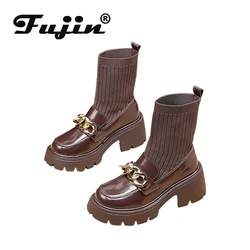 Fujin 7cm wiosenne Stretch skarpetki buty dziewiarskie zamszowe buty bydlęca prawdziwa skóra brytyjska jesień zima kobieta botki wygodne