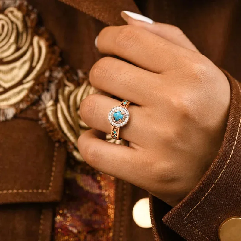 2026 New Retro Trend Dazzling Design Inlaid with Turquoise Geometric Design Jewelry Ring Fashionable, Exquisite, Sweet