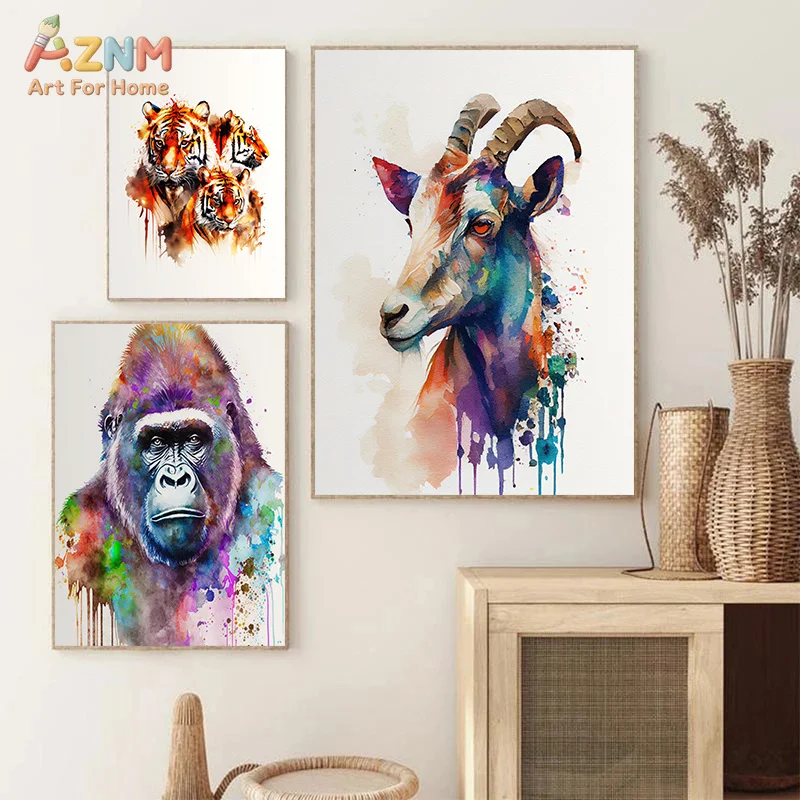 AZNM Watercolor Wild Animal Canvas Poster, Frameless Splash Ink Raccoon Lynx Wildlife Art Print Wall Art For Modern Living Room