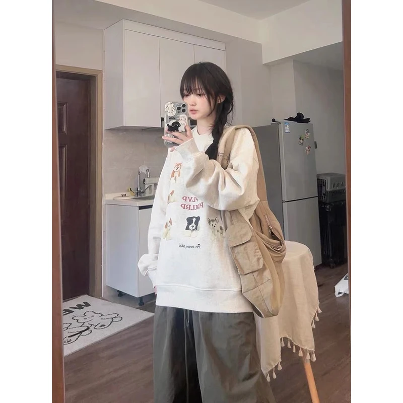 الرجعية الأمريكية الكرتون الكلب طباعة البلوز المرأة ربيع الخريف جولة جديدة Ne فضفاضة كسول Sle Jaet طويلة Sve Fce L...