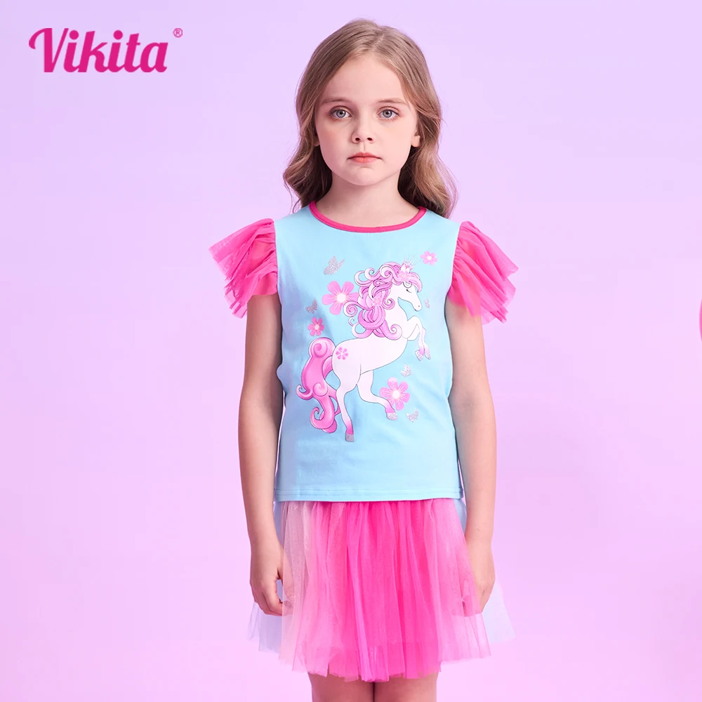 

VIKITA Kids Unicorn Flower Print T Shirt Girls Flare Sleeve Summer Cotton Casual Daily Tops Tees Wear Children Clothes 3-12 Yrs