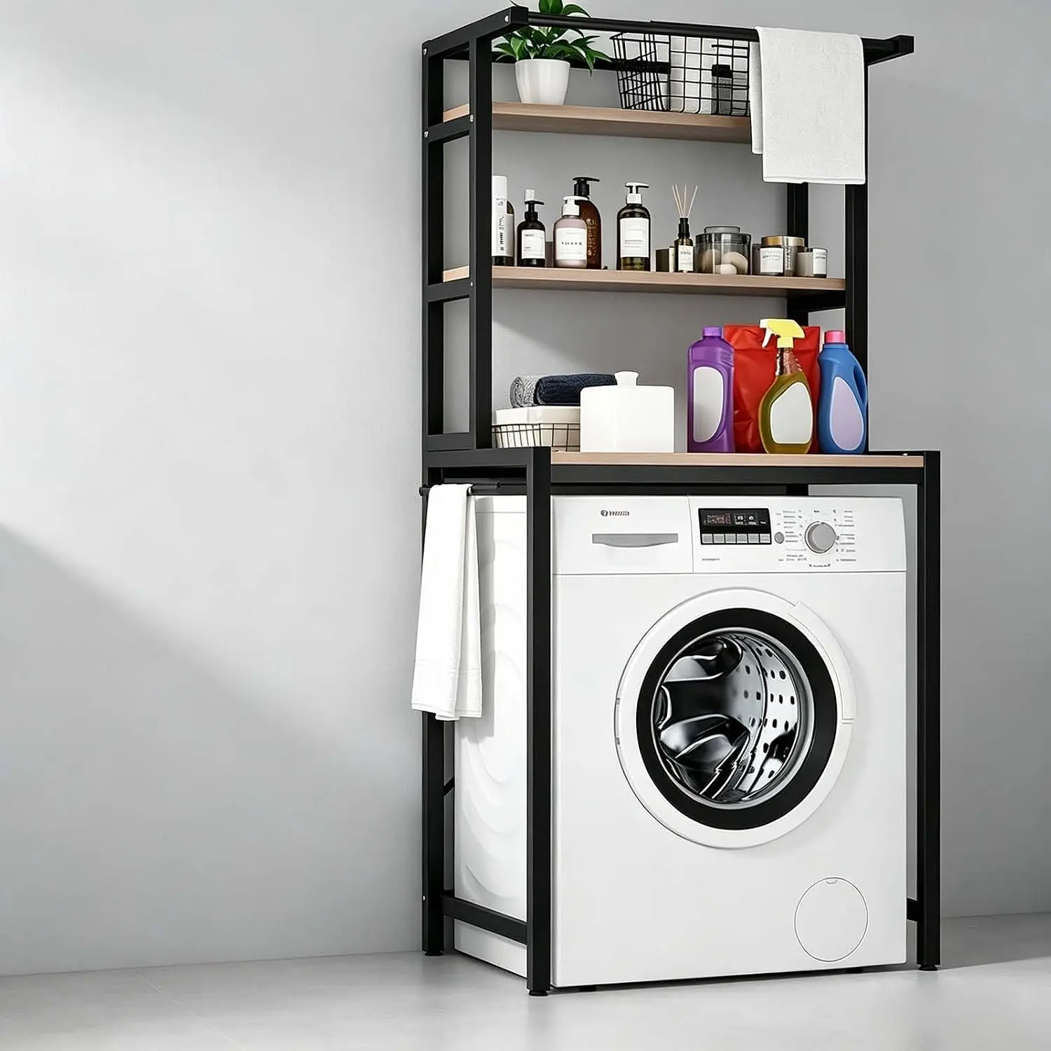 Washing Machine Top Storage Shelf,Laundry Room Clothes Hanger | Laundry Organization Rack With Clothes Hanger Bar, Multi-Tier Ba