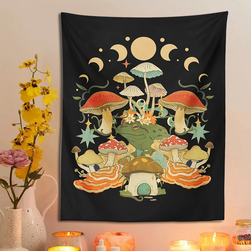 Mushroom Frog Tapestry Wall Hanging Moon Phase Mystic Witchy Goblincore Aesthetic Bedroom Living Room Wall Carpet Home Decor