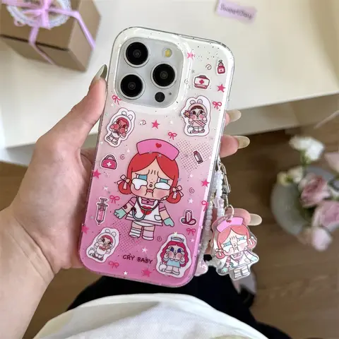 Cute pink cartoon crying baby girl cartoon bracelet phone case, suitable for iPhone 13, 14, 15, 16 Pro Max soft case anti drop