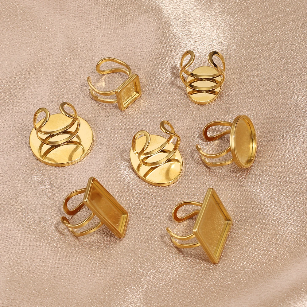 4pcs Stainless Steel Gold Color Round Open Ring Setting Cabochon Blank Tray Base DIY Jewelry Making Border Accessories Wholesale
