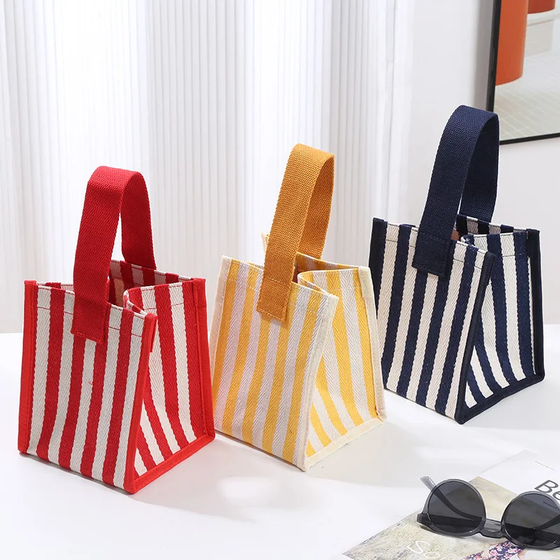 Women Canvas Striped Mini Shoulder Bag Fashion Reusable Small Shopping Handbag Ladies Casual Large Capacity Tote Bags 2024 New