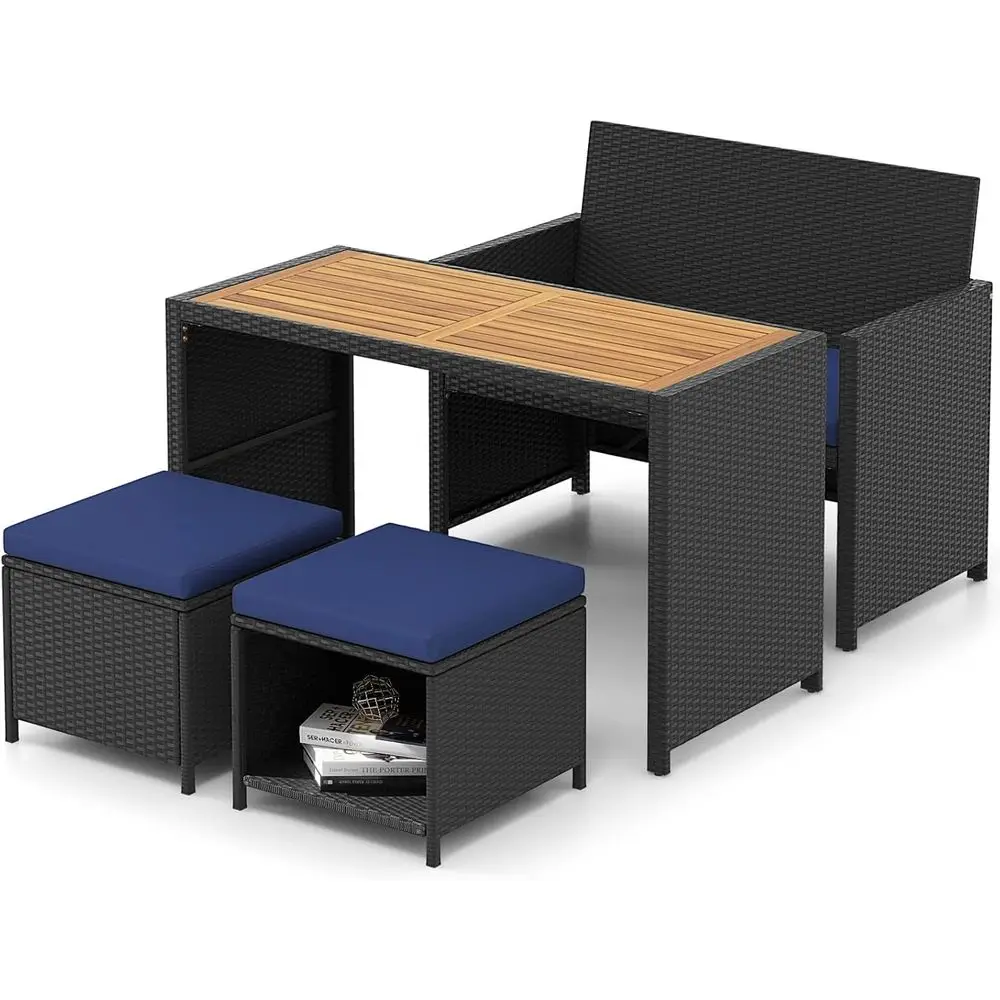 

Outdoor Rattan Dining Set: 4-Piece Wicker Loveseat, Chairs & Ottomans with Wooden Table for Patio, Garden, Poolside