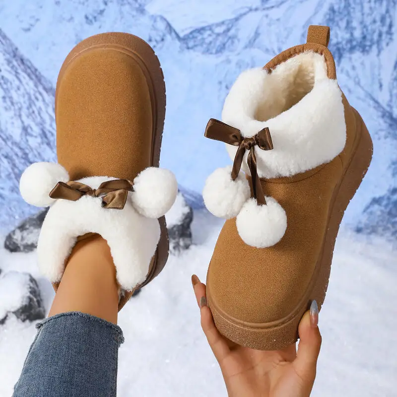 

Женские зимние ботинки Kawaii с пушистым мехом и толстой подошвой, зимние ботильоны 2025 года, милые женские замшевые короткие ботильоны с бантом, 42