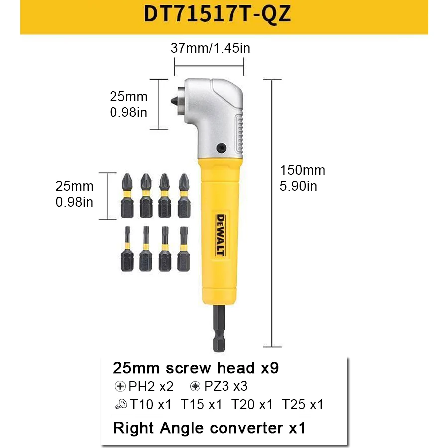 DEWALT 10 in 1 Right Angle Drill Adapter with Bit Set PH/PZ/TORX 150mm Impact Ready Hex Bit Holder DT71517T-QZ