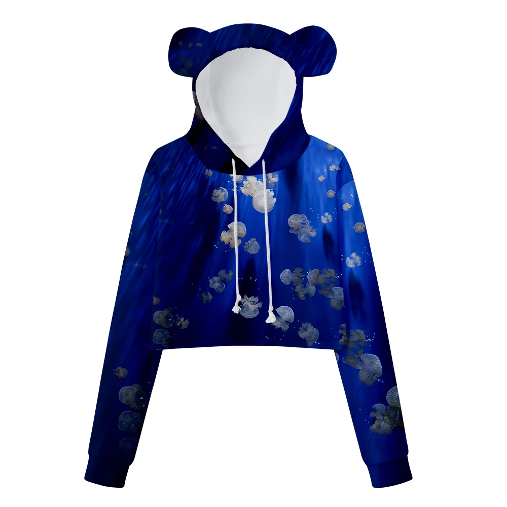 bear ears cropped sweatshirt women's sweater cropped sweatshirt sexy Fashion hoodie sportswear trend Marine life