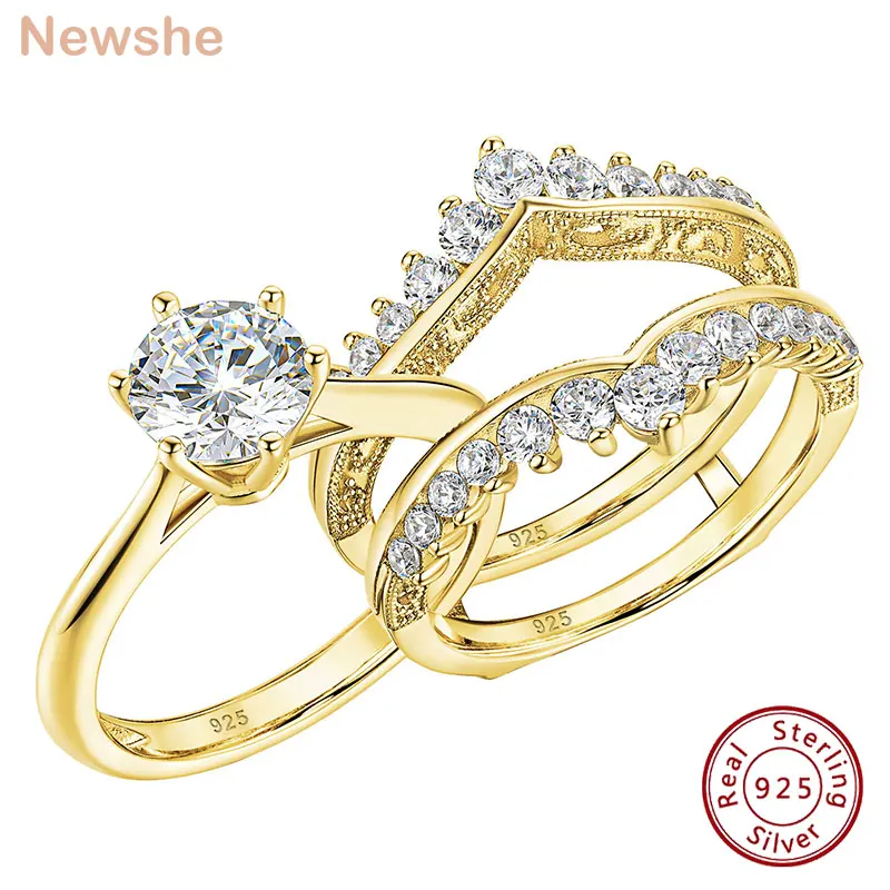 Newshe-Conjunto de anillos de novia de oro amarillo de 14k para mujer, corte redondo de 2 quilates, circonita cúbica AAAAA, banda de aniversario de compromiso de boda BR1167_Y