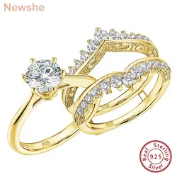 Newshe Set di anelli da sposa in oro giallo 14k per le donne 2Ct taglio rotondo AAAAA zircone cubico fede per l'anniversario di fidanzamento di nozze br1167 _ y