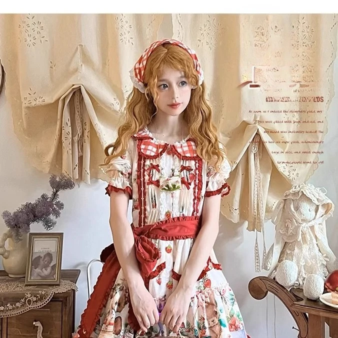Princess Tea Party Lolita ชุดสาวผู้หญิงน่ารักสตรอเบอร์รี่หมีพิมพ์หวาน Kawaii ชุดวันเกิดชุดผ้ากันเปื้อน Loli Cos ชุด
