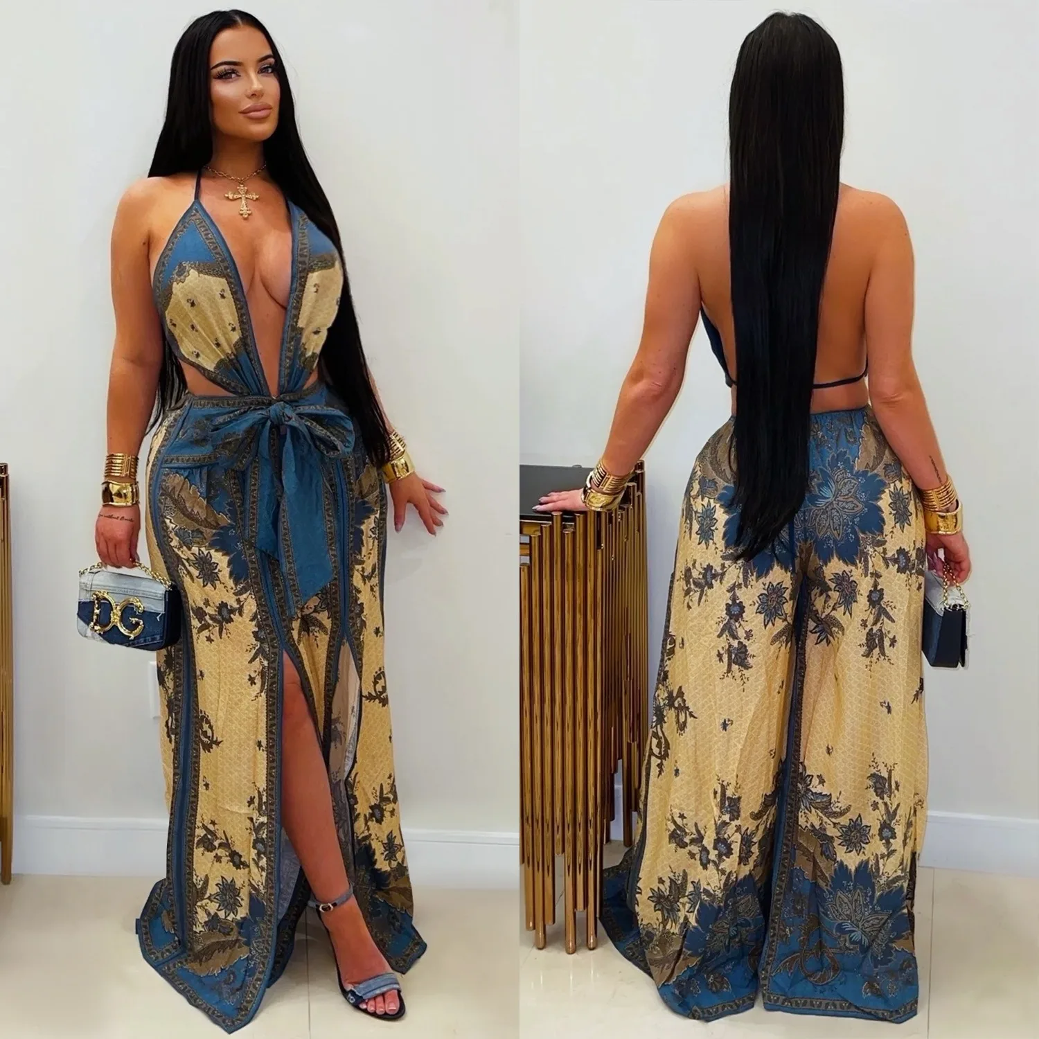Retro Printed Deep V-Neck Waist-Cinching Tie-Up Wide-Leg Jumpsuit with Slit in Vacation Style