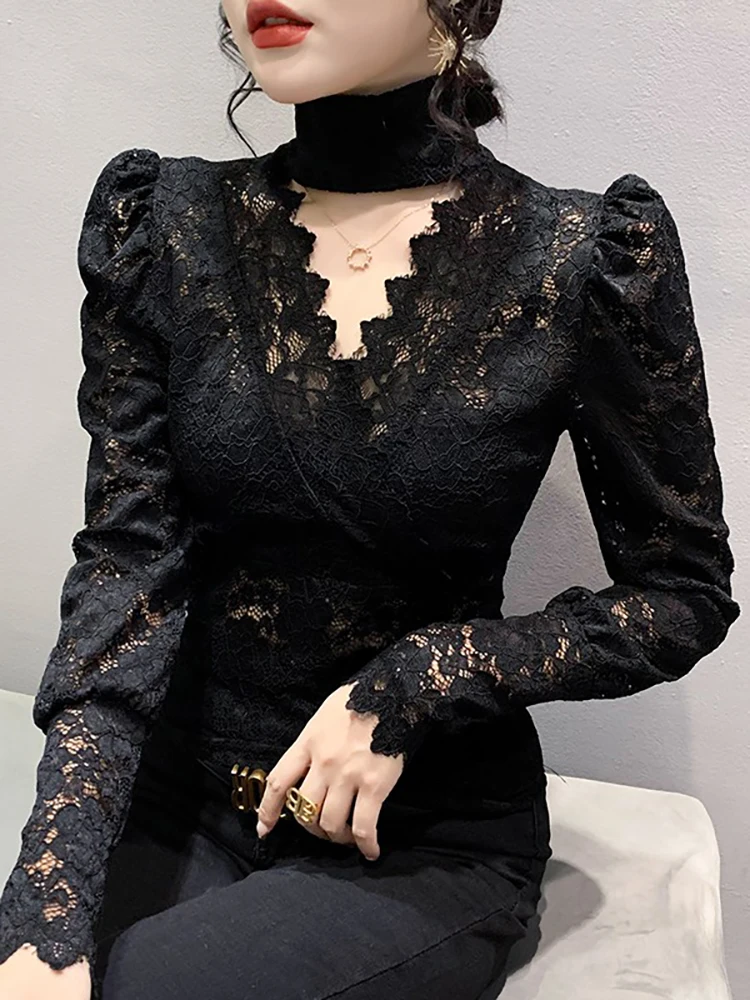 Autumn Spring Halter V Neck Lace T-shirt Women Full Puff Sleeve Stretch Hollow Out Cropped T Shirts Tops For Female BH1813