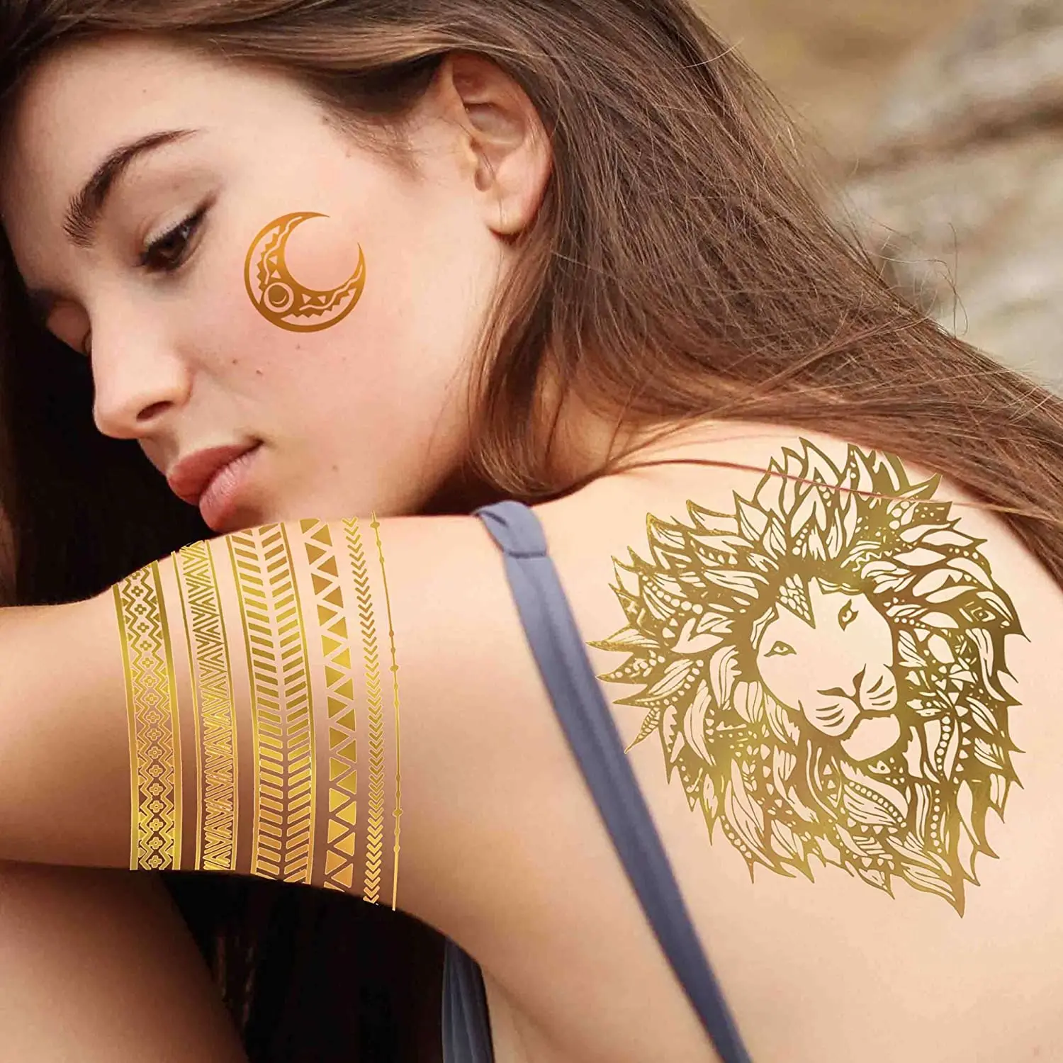 Tatuajes Temporales metálicos para mujeres y niñas, pegatina de tatuaje con brillo, león dorado, sol, luna, estrella, mariposa, 9 hojas