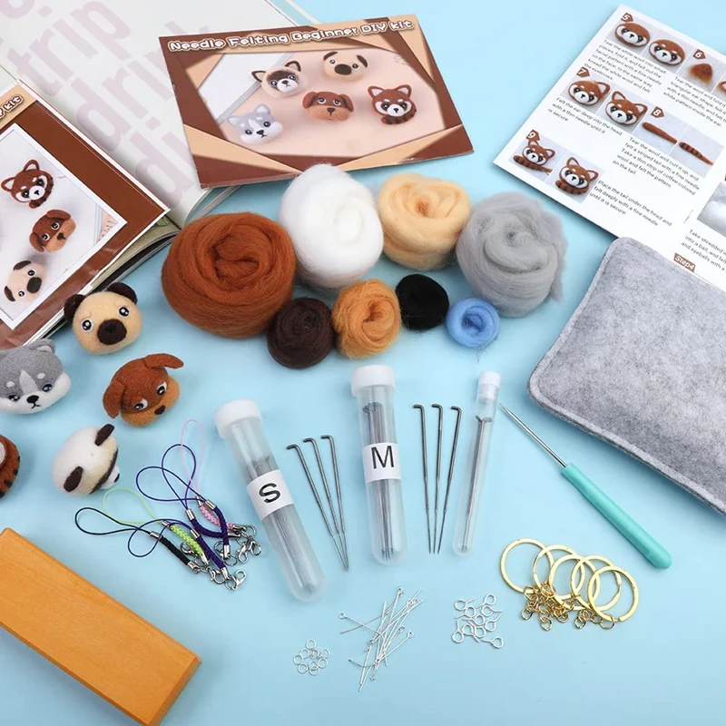 Agulha Felting Iniciante Kit Chaveiro, Animais Supplies Set, inclui Roving, agulha Felting Pad e agulhas