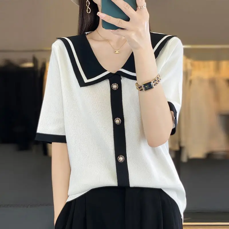 

Loose and Slim Knitted Fashion Casual Stripe Short Sleeve Tops Women's 2025 Summer Pullover Doll Neck Spliced Embroided Flares
