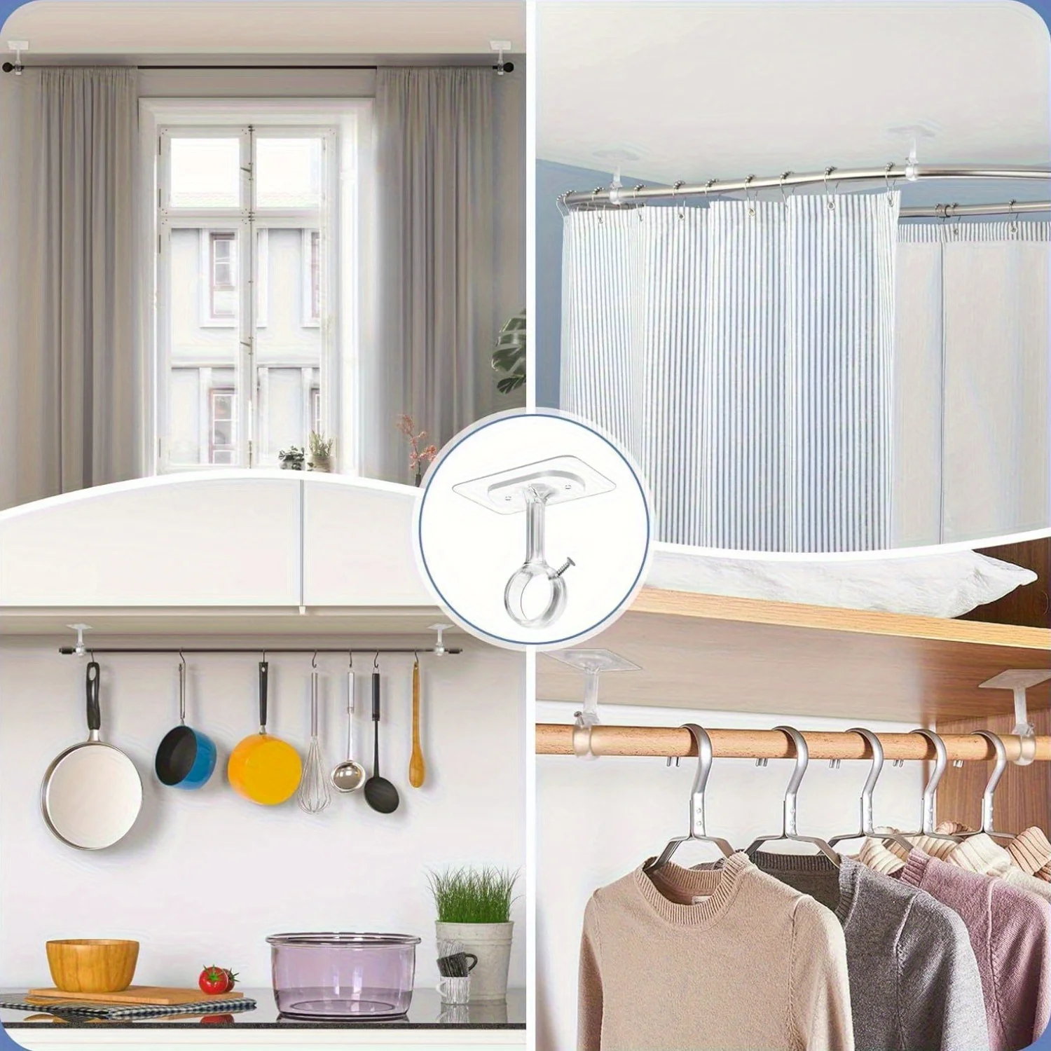 2/4/6/8 Stück selbstklebende Gardinenstangenhalterung ohne Bohren, robuste Deckenhalterung für Schlafzimmer, Kleiderschrank, Fenster – Detail 5