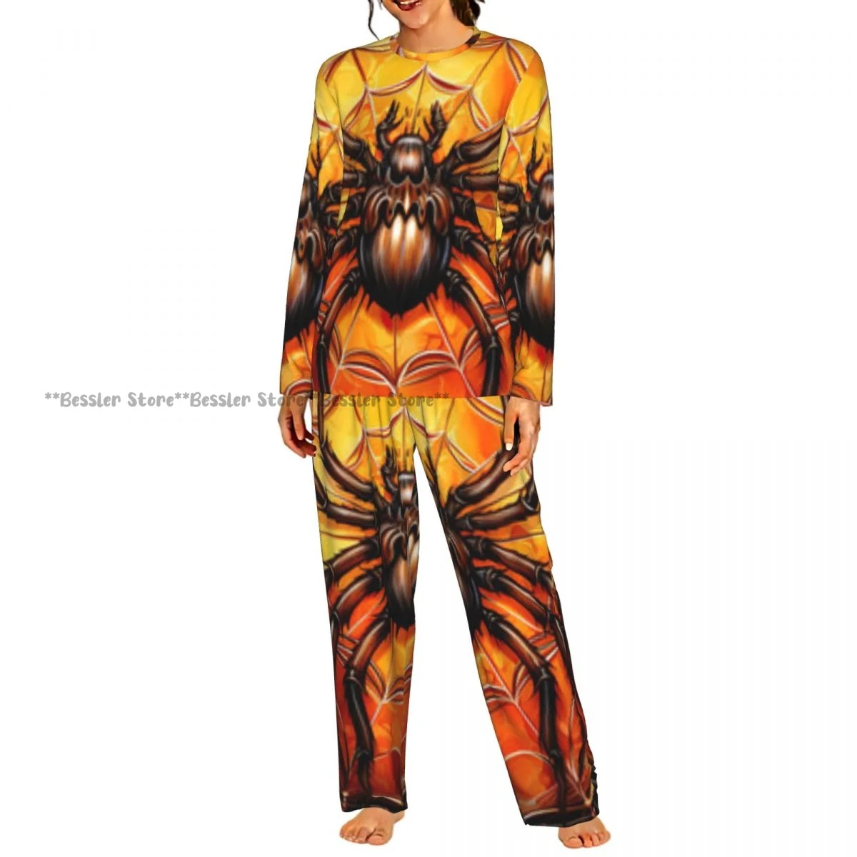 2 Piece Women Round Neck Pajamas Set Long Sleeve Long Pants Spider In The Web With Autumn Leaves Homewear Casual Daily Sleepwear