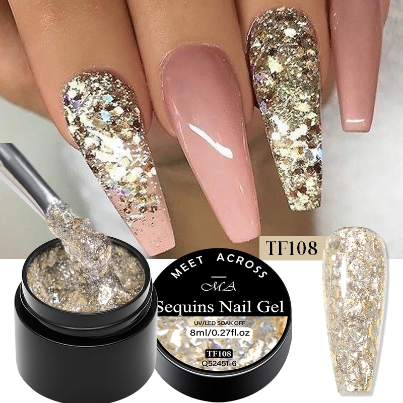 MEET ACROSS 8ml Flash Pailletten Gel Nagellak Goud Zilver Roze Schilderen Gel Liner gel Voor Nagels Glitter UV Nagellijm Nail Art