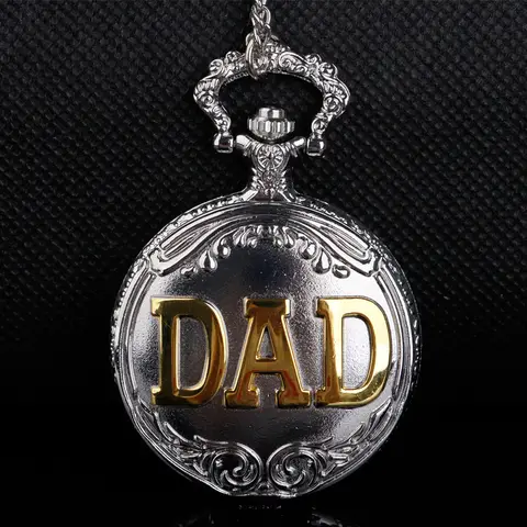 Silver Gold "DAD" Letter Pocket Watch Necklace Pendant with Chain Jewelry Gift Clock for Men