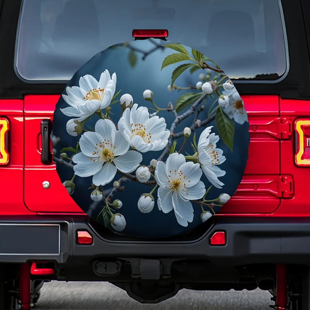 White Cherry Blossom Tire Cover Polyester Waterproof Outdoor SUV Spare Wheel Protector