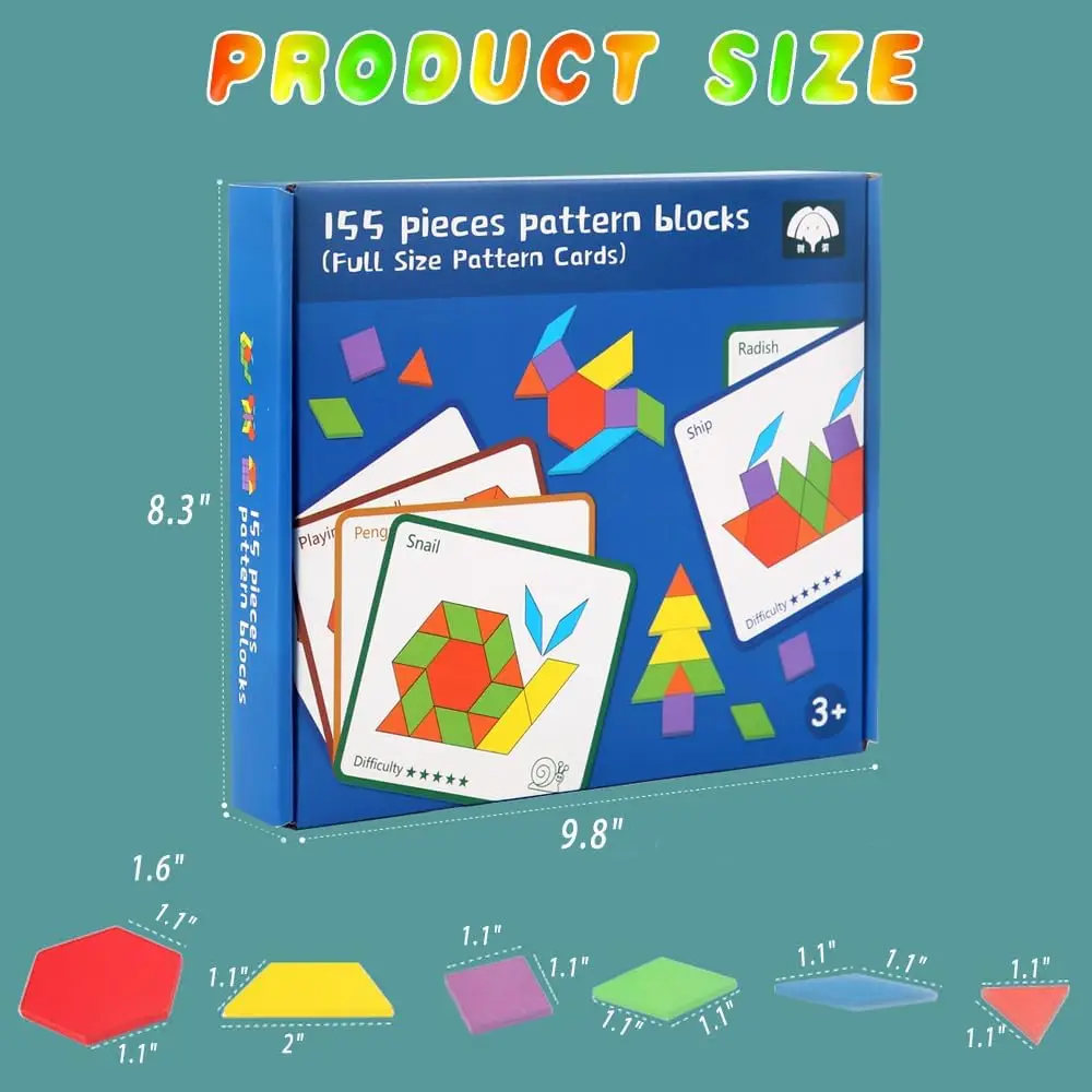 155 Buah Blok Pola Kayu Pengisi Stoking Natal Anak Balita, Permainan Matematika Bentuk Blok Perlengkapan Homeschool dengan Kartu