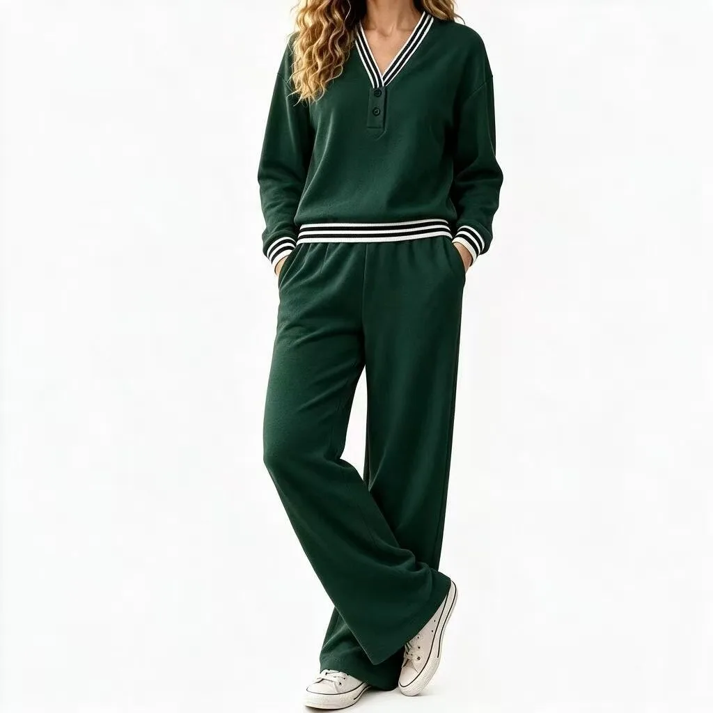 2026 Amazon Cross-Border Damen Herbst/Winter V-Ausschnitt Gestreifter Pullover und Weite Freizeit-Hose für Beine und Oberkörper – Detail 5