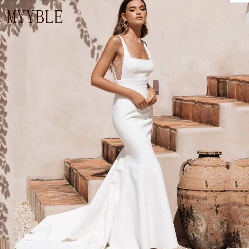 

Backless Square Collar Satin Mermaid Wedding Dress Sexy White Spaghetti Straps Chic Boho 2023 Bridal Gowns Vestidos De Novia