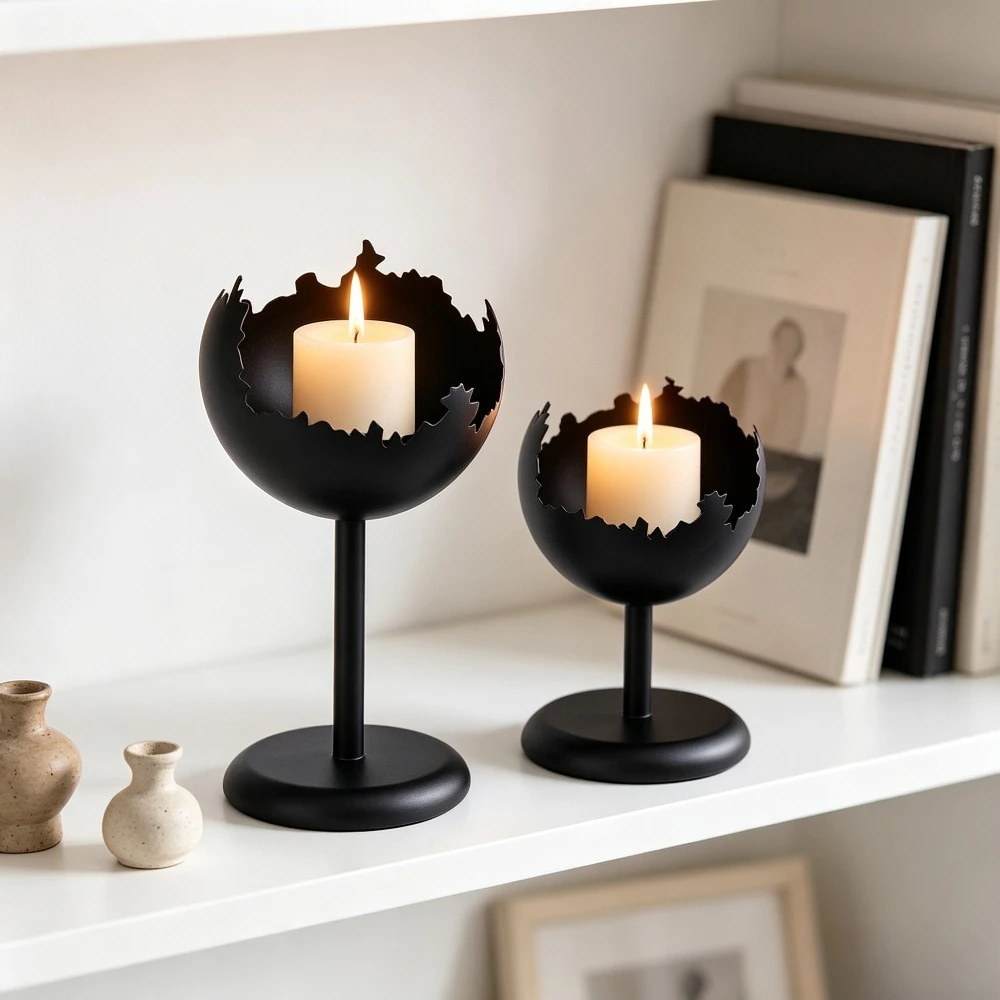 Black Metal Candle Holder Jagged Bowl Shape Candlestick Stand for Pillar Candles Home Living Room Tabletop Decor Ornament