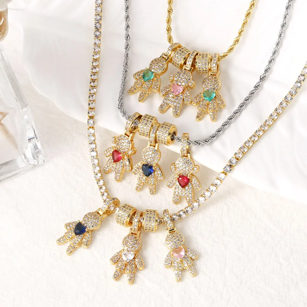 FLOLA Cute Boy e Girl Figure Collane per le donne Catena placcata in oro Collane per membri della famiglia fai da te Gioielli fatti a mano nkez13