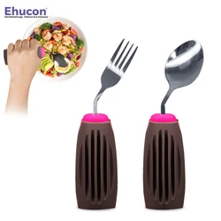 Ehucon Thick Solid Weighted Adaptive Utensils Set Non-slip Round Handle Dishwasher Safe Elderly Curved Eating Spoon and Fork