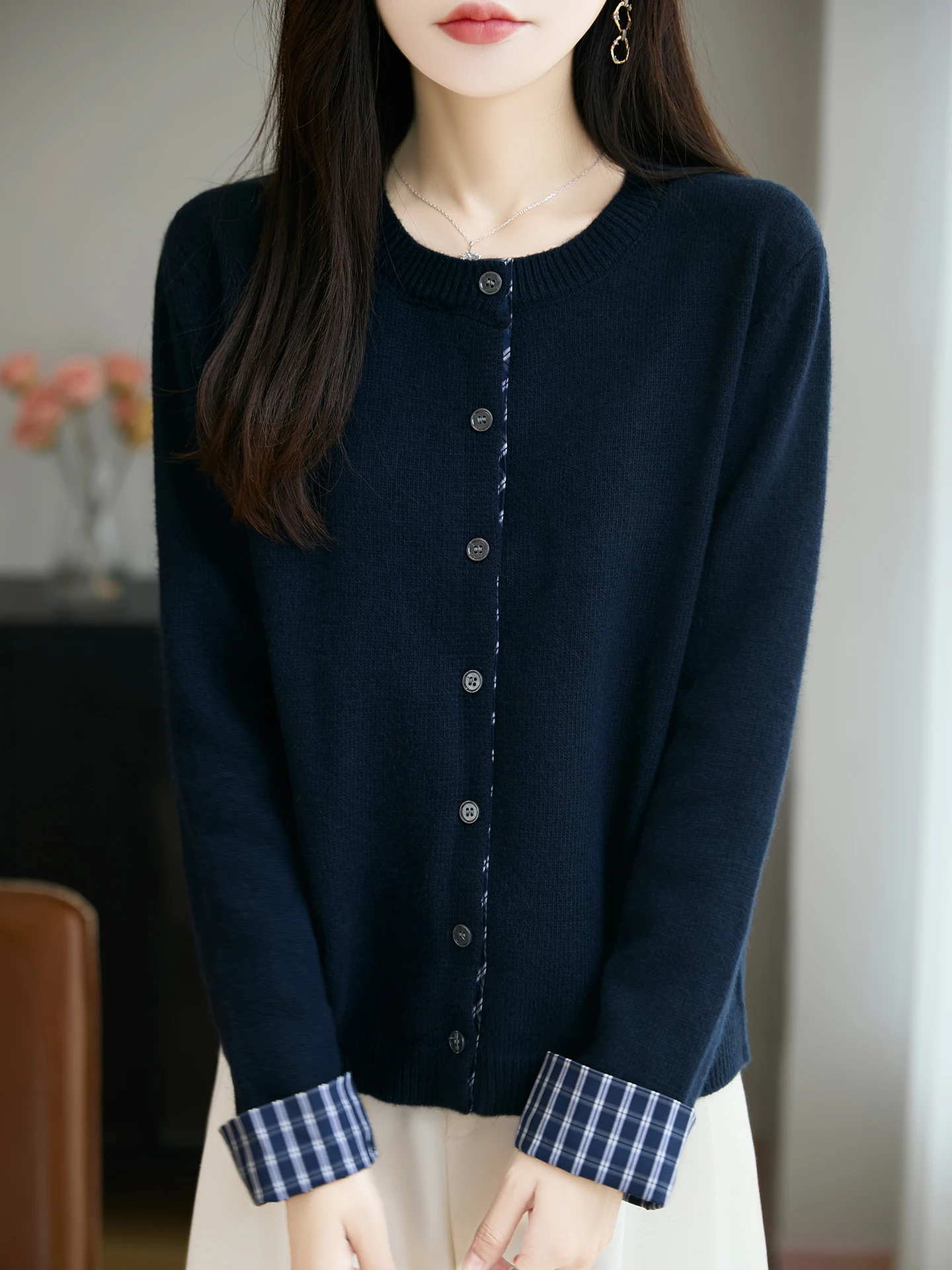 

High-End Spliced Color Blo Knitted Cardigan Women's Outerwear Sweater Thi Warm Faionable Long Sve round Ne Coat